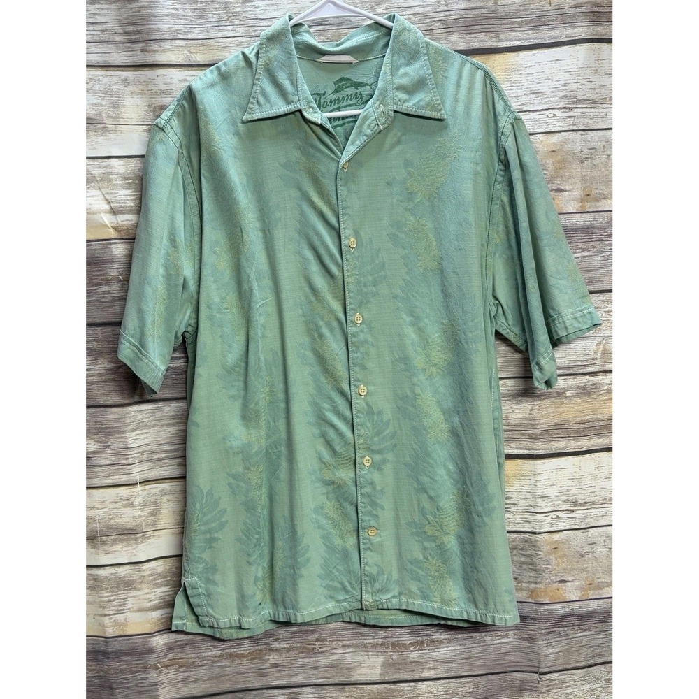 Tommy Bahama Shirt Men's MediumGreen Silk‎ Embroidered Golf Tropical Vacation